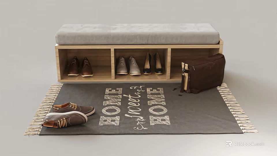 Stylish Shoe Cabinet With Upholstered Bench Compartments And Home Sweet Home Rug 3d model 