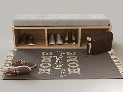 Stylish Shoe Cabinet With Upholstered Bench Compartments And Home Sweet Home Rug 3d model