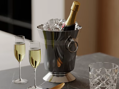 Wine Bottle In Ice Bucket With Champagne Glasses And Crystal Glass 3d model