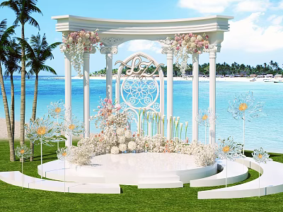Elegant Garden Landscape With White Arch Pink White Flowers Palm Trees And Beach View 3d model