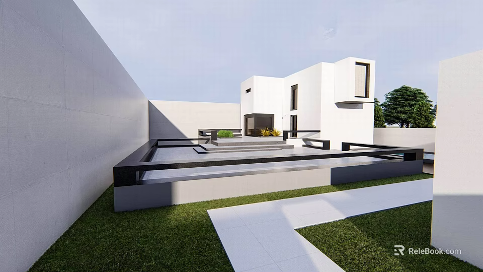 Modern Detached Villa With White Exterior Geometric Design And Lawn Terrace 3d model 