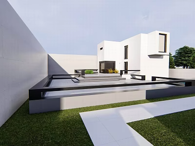 Modern Detached Villa With White Exterior Geometric Design And Lawn Terrace 3d model