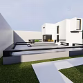 Modern Detached Villa With White Exterior Geometric Design And Lawn Terrace