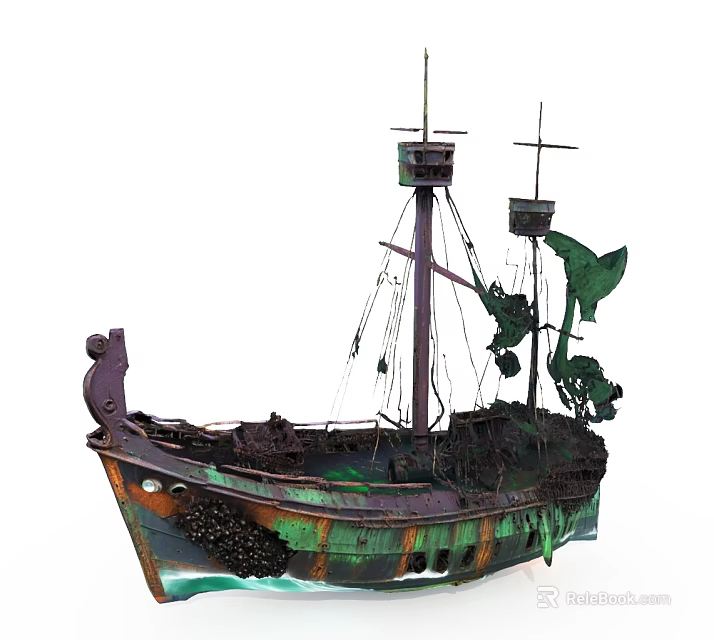 Vintage Wooden Ship Model With Rustic Masts Sails And Green Brown Carvings 3d model 