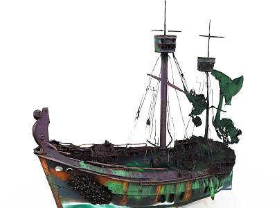 Vintage Wooden Ship Model With Rustic Masts Sails And Green Brown Carvings 3d model