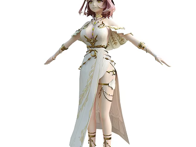 Elegant Woman With Pink Hair Wearing White Dress With Golden Decorative Accents And Flowing Skirt 3d model
