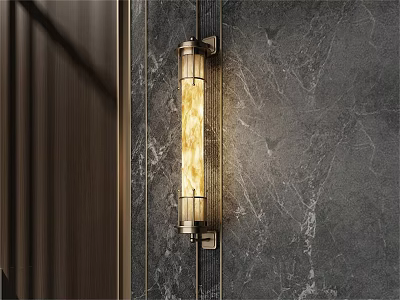 Modern Wall Lamp With Brass Frame Glass Shade Mounted On Marble Wall Emitting Warm Light 3d model