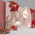 Elegant Floral Art Display With Red Flowers White Fans And Decorative Screens