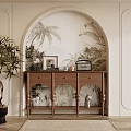 Elegant Wooden Entryway Console Table With Arched Backdrop Palm Decor And Drawer Design