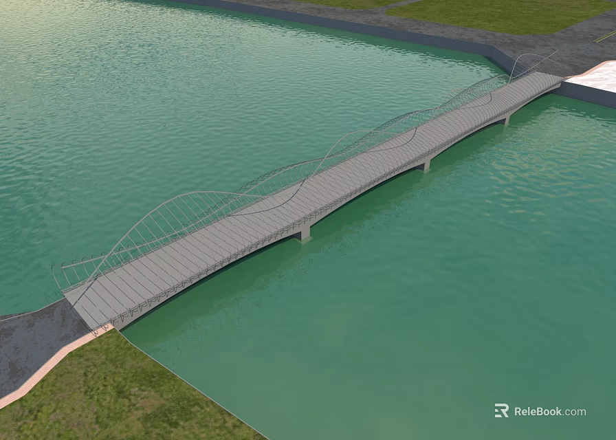 Modern Curved Bridge Design Spanning Across Green Water With Grass Banks 3d model 