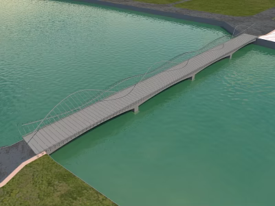 Modern Curved Bridge Design Spanning Across Green Water With Grass Banks 3d model