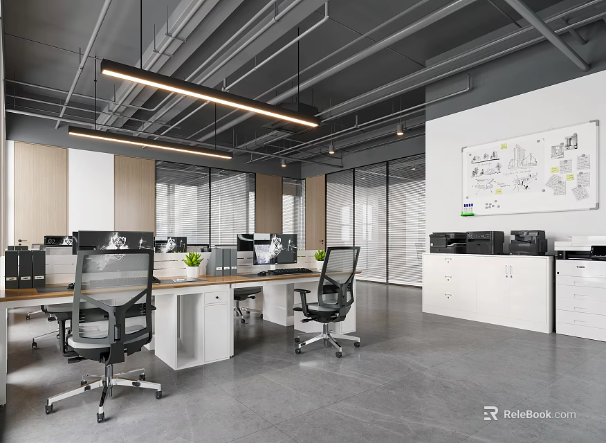 Modern Public Office Space With Open Layout Work Desks Office Chairs And Whiteboard Charts 3d model 