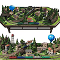 Detailed Commercial Equipment Model Train Set With Village Tunnels And Hot Air Balloon