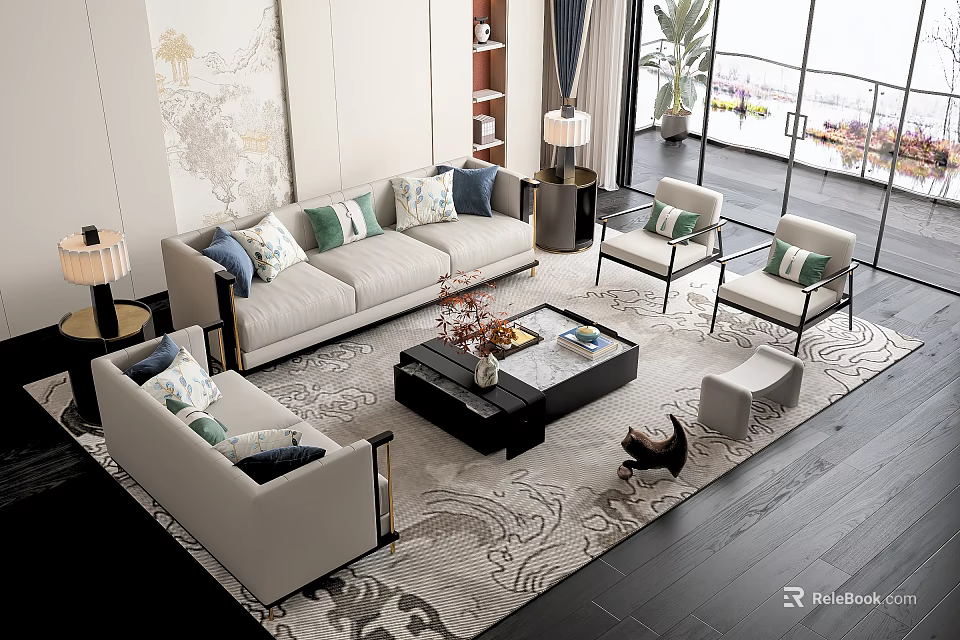 Elegant Modern Sofa Coffee Table Combination With Decorative Pillows Armchairs And Area Rug 3d model