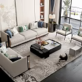 Elegant Modern Sofa Coffee Table Combination With Decorative Pillows Armchairs And Area Rug 3d model