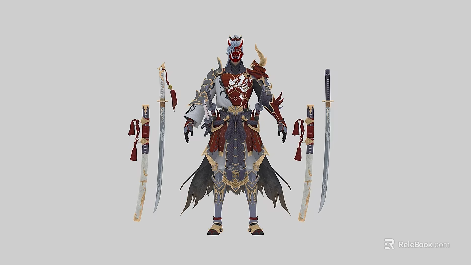 Man in Traditional Samurai Armor Standing with Four Swords Around 3d model