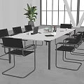 Modern Conference Room With Long White Table Black Metal Frame Chairs Laptop Green Plant