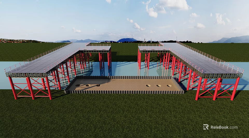 Bridge Structure With Red Support Columns Gray Deck Over Water Green Grassland And Mountain Background 3d model