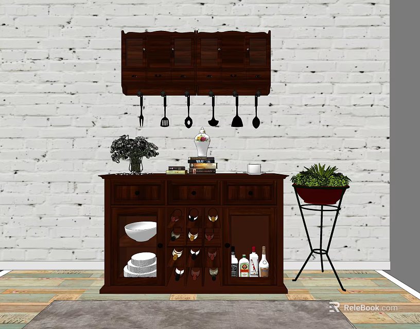 Dark Brown Wooden Sideboard With Wall Mounted Cabinet Utensils Potted Plant And White Brick Wall 3d model 