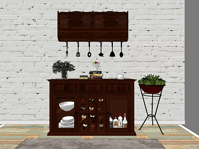 Dark Brown Wooden Sideboard With Wall Mounted Cabinet Utensils Potted Plant And White Brick Wall 3d model