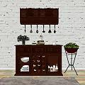 Dark Brown Wooden Sideboard With Wall Mounted Cabinet Utensils Potted Plant And White Brick Wall