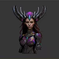 Sci Fi Fantasy Female Character Bust With Antler Like Headdress And Purple Pink Iridescent Armor