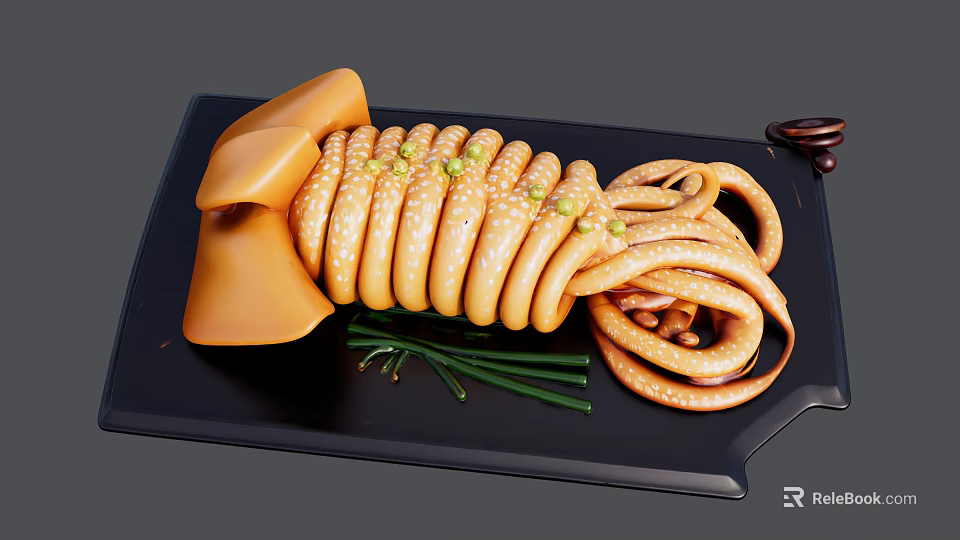 Sliced Cooked Squid Rings With Green Onions On Black Serving Plate 3d model 