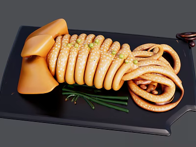 Sliced Cooked Squid Rings With Green Onions On Black Serving Plate 3d model