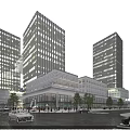 Modern Tall Office Buildings With Glass Curtain Walls And Surrounding Pedestrians Cars And Trees