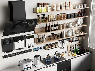 Modern Kitchen Interior With Black Range Hood Coffee Machine Appliances And Organized Shelves 3d model