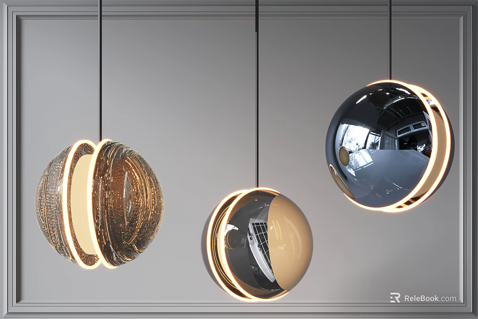 Stylish Modern Spherical Pendant Lights With Metallic Ring And Reflective Surface Design 3d model