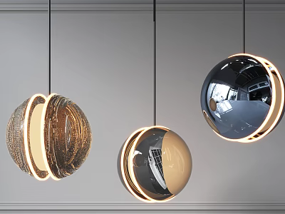 Stylish Modern Spherical Pendant Lights With Metallic Ring And Reflective Surface Design 3d model