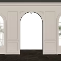 Elegant Interior With White Walls Arched Doorway Glass Doors Potted Plant And Dark Wooden Flooring