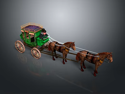 Green Horse Drawn Carriage With Two Brown Horses Roof And Seats 3d model