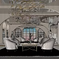 Elegant Bridal Shop Interior With Modern Design Sofas Chandeliers Arched Windows And Pink Decor