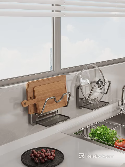 Wall Mounted Cutting Board And Pot Lid Holders For Kitchen Sink Area Organization 3d model 