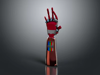 Red Mechanical Character With Metallic Arm Featuring Jointed Fingers And Colorful Striped Cylindrical Base 3d model