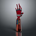 Red Mechanical Character With Metallic Arm Featuring Jointed Fingers And Colorful Striped Cylindrical Base