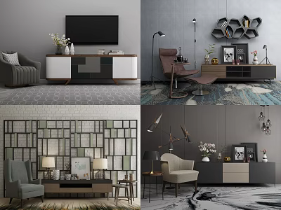Modern Living Room TV Stand With Black Screen Decor Items And Accent Chair 3d model