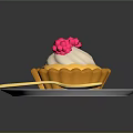 Delicious Yellow Pie With White Cream Pink Raspberries On White Plate And Golden Spoon