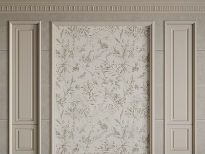 Bedroom Accent Wall Design With Light Gray Paneling Floral Wallpaper And Decorative Crown Molding 3d model