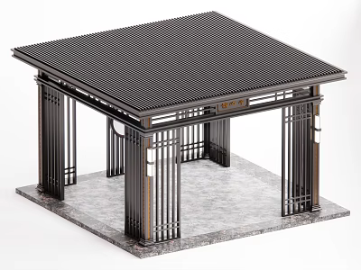 Modern Garden Pavilion With Black Lattice Roof And Metal Frame On Gray Marble Floor 3d model