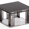 Modern Garden Pavilion With Black Lattice Roof And Metal Frame On Gray Marble Floor