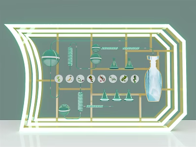 Modern Illuminated Display Shelf With Green Decorative Items And Glass Bottles 3d model