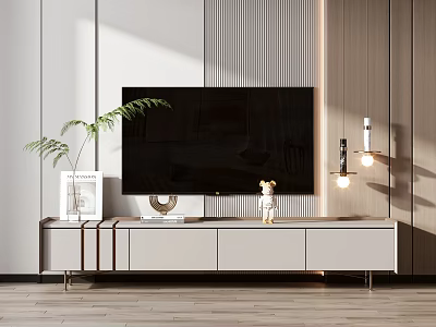 Modern TV Stand With TV Decorative Items And Green Plant In Living Room 3d model