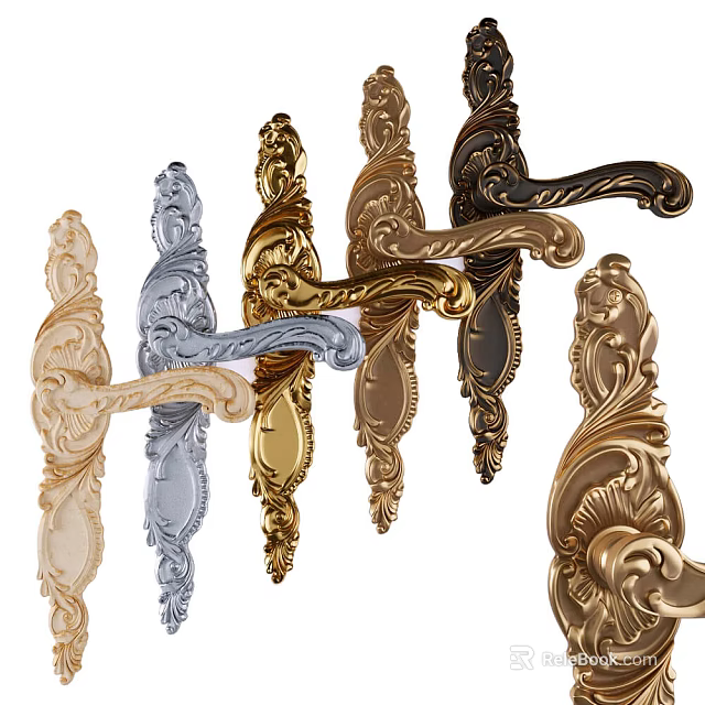 Ornate Door Handles in Various Metallic Finishes with Intricate Carvings for Home Decor 3d model 