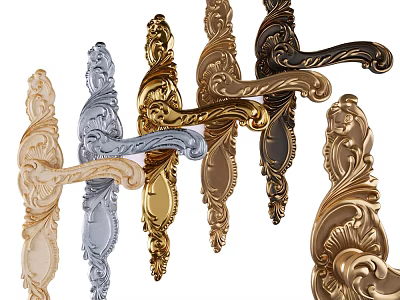 Ornate Door Handles in Various Metallic Finishes with Intricate Carvings for Home Decor 3d model