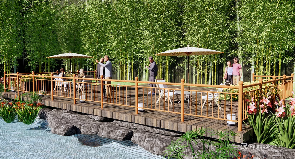 Serene Waterfront Landscape with Wooden Deck Sun Umbrellas and People Relaxing by Bamboo Grove 3d model 