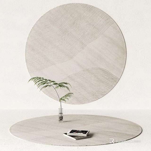 Light Colored Round Area Rug With Wavy Texture And Fern Plant In Glass Vase 3d model 