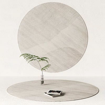 Light Colored Round Area Rug With Wavy Texture And Fern Plant In Glass Vase 3d model